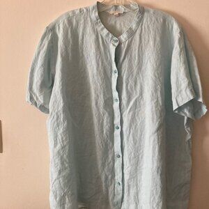 Eileen Fisher 1X Linen Aqua Short Sleeve Blouse